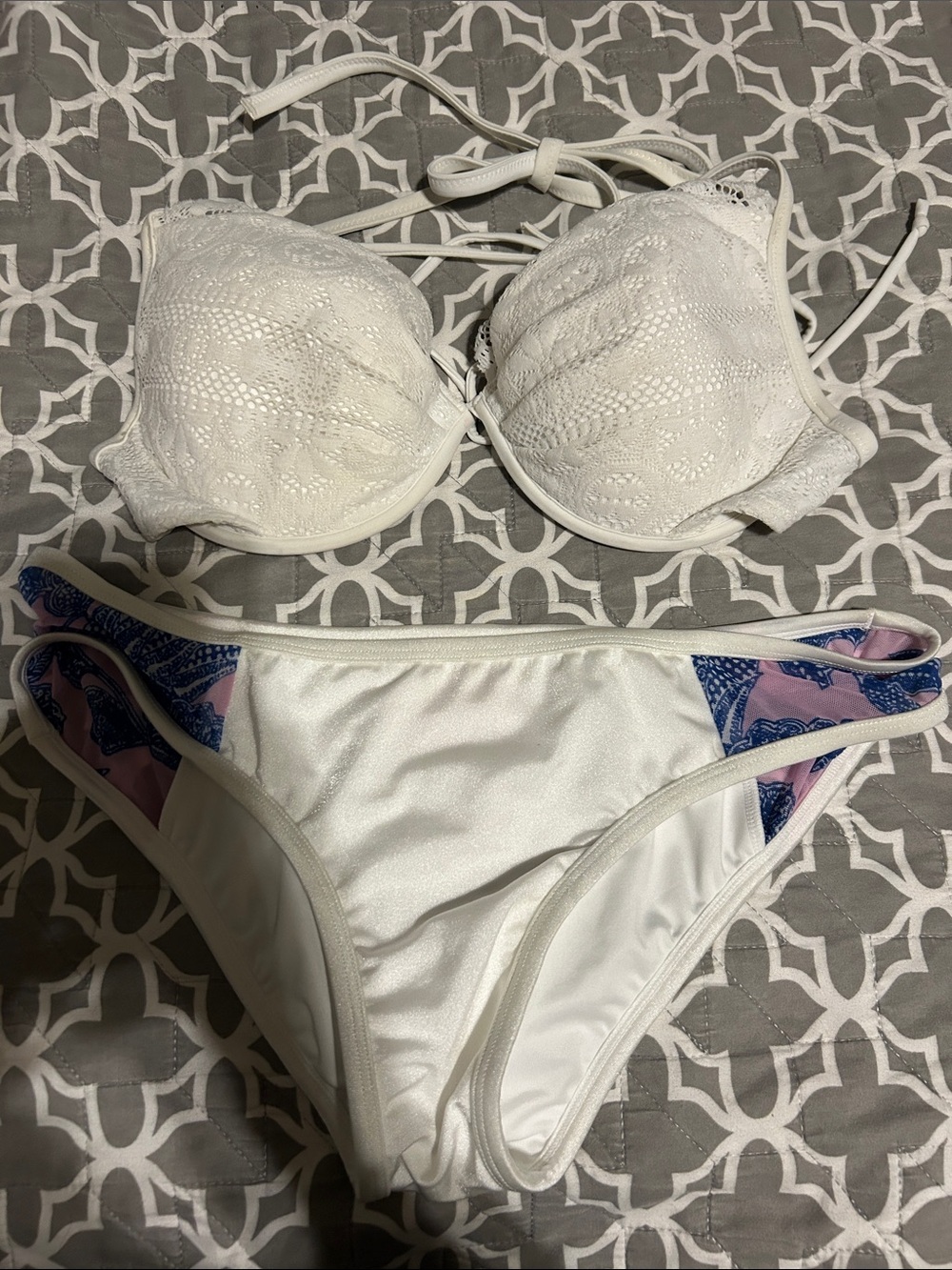Victoria's Secret White Bikini Brief with Pink and Blue Design.